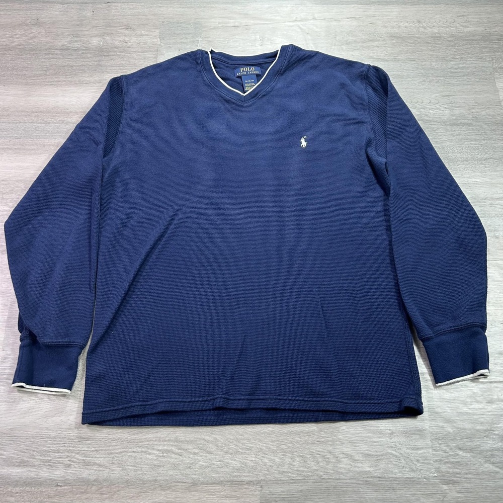 Polo Ralph Lauren Sweater‎ Mens XL Blue Cotton V Neck Waffle Knit Pony Logo